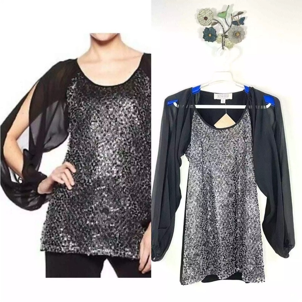 American Glamour Badgley Mischka Glitter Sequin Split Sleeve Blouse. M. NWT.